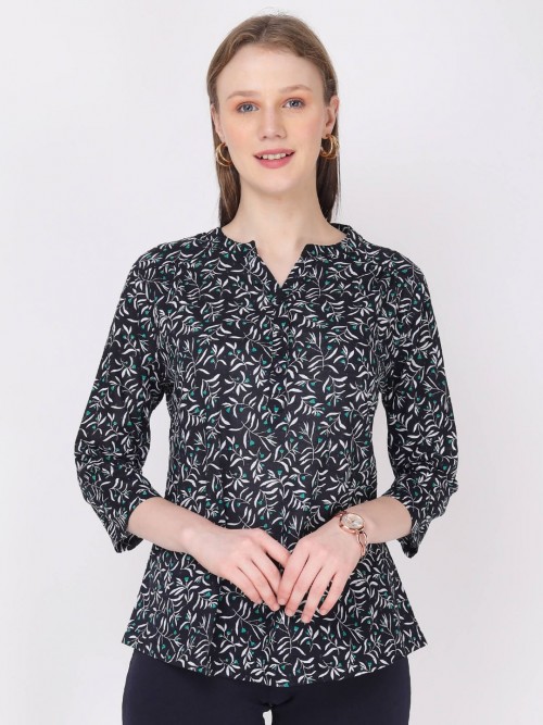 Women Leaf Printed Chinese Top In Black