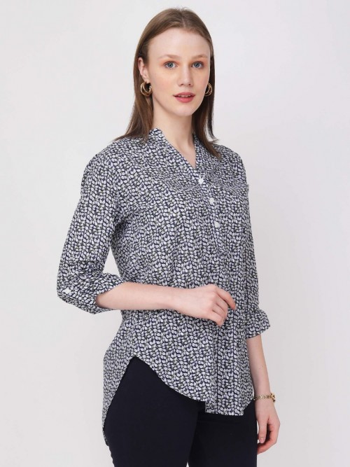 Women Blue Leaf Printed Long Top