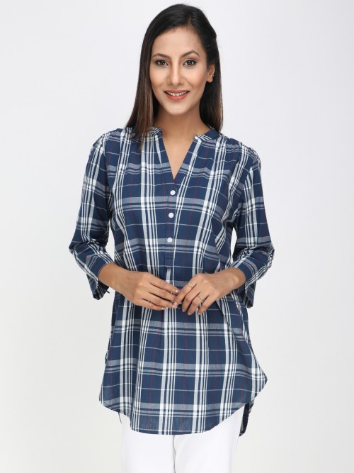 Women Checked Long Top In Blue