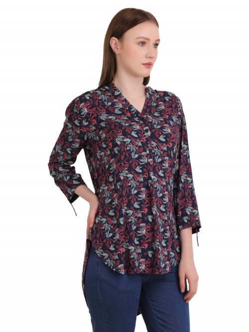 Woman Dark Pink Small Leaf Printed Long Top