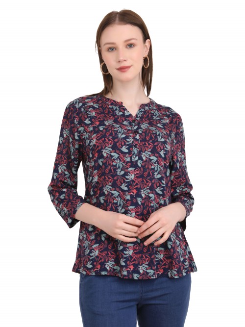 Woman Dark Pink Small Leaf Printed Chinese Top