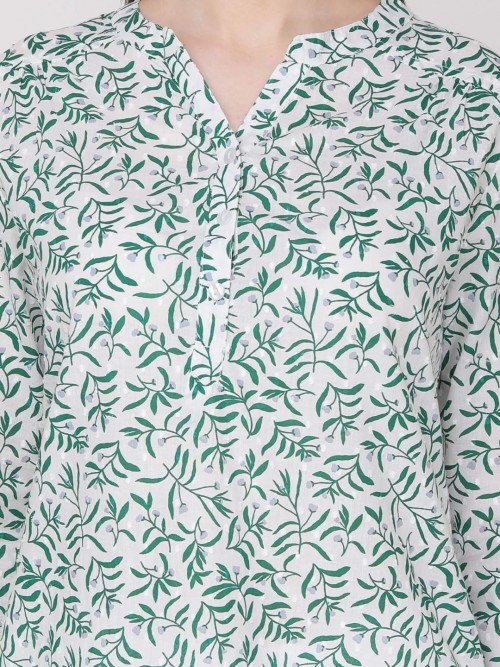 Women Green Leaf Printed Chinese Top