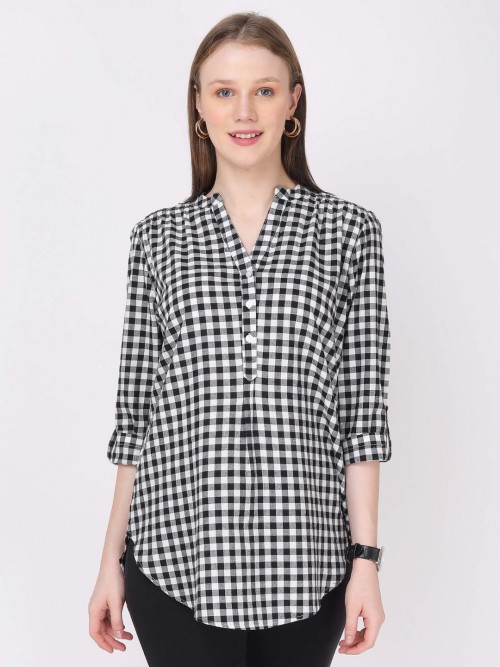 Women Black White Checked Long Top