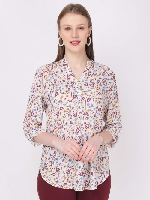 Women Printed Long Top In Beige