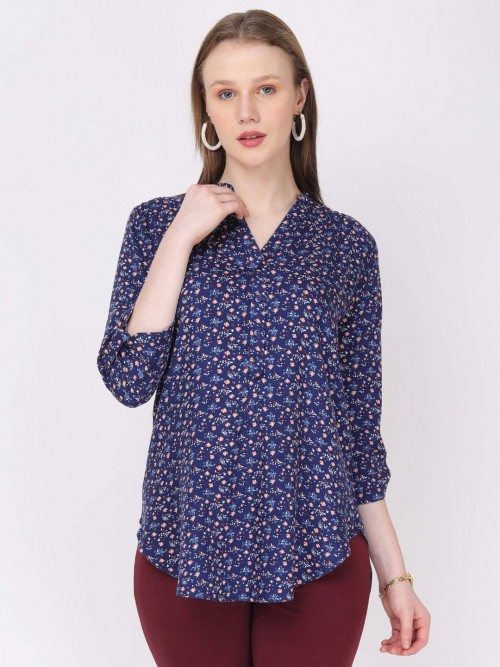 Women  Lotus Printed Blue Long Top