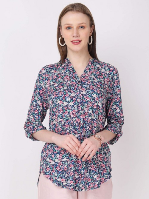 Women Blue-Pink Floral Long Top