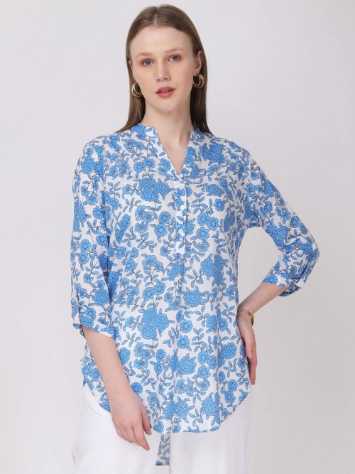 Women Floral Long Top in Blue