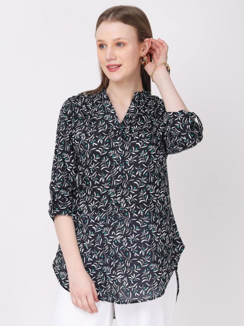 Women Black Leaf Printed Long Top