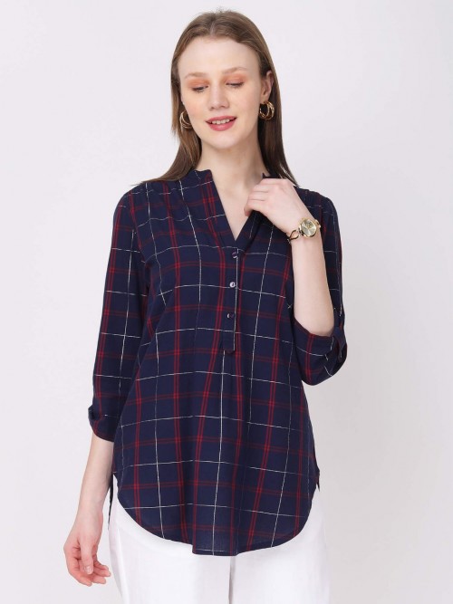 Women Navy  Checked  Long Top