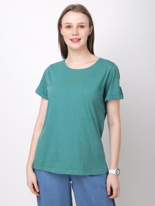 Women Jeans Green Round Neck Tshirt