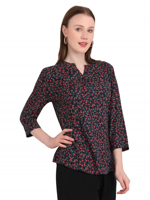 Woman Orangish Red Floral Printed Chinese Top